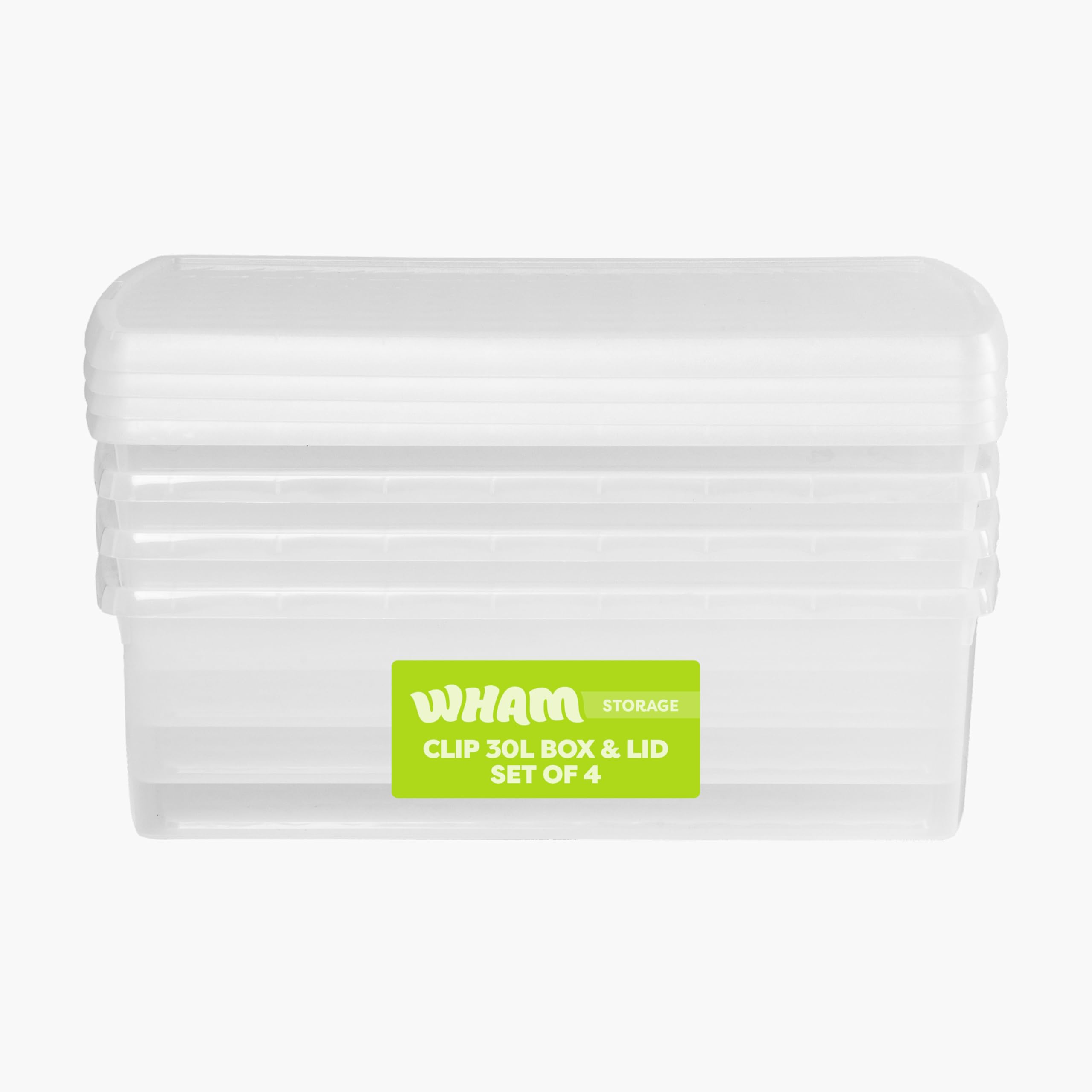 Wham Clip 4 x 30L Rectangular Stackable Plastic Storage Boxes with Lids | Ideal for Home, Office, Toys & More | Storage Containers with Clip Locks | Made in UK - Clear/Clear