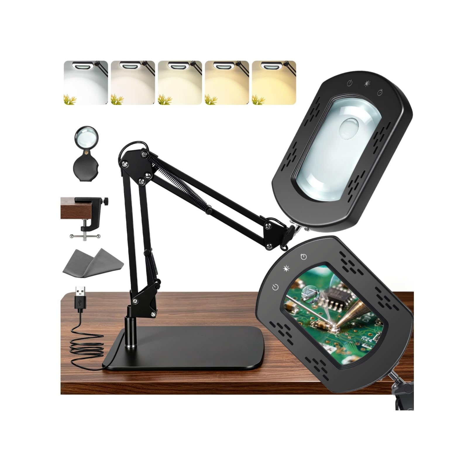 Lampe Loupe 30× 15× Lumière et Pince, Trépied, Minuterie, 5 Couleur