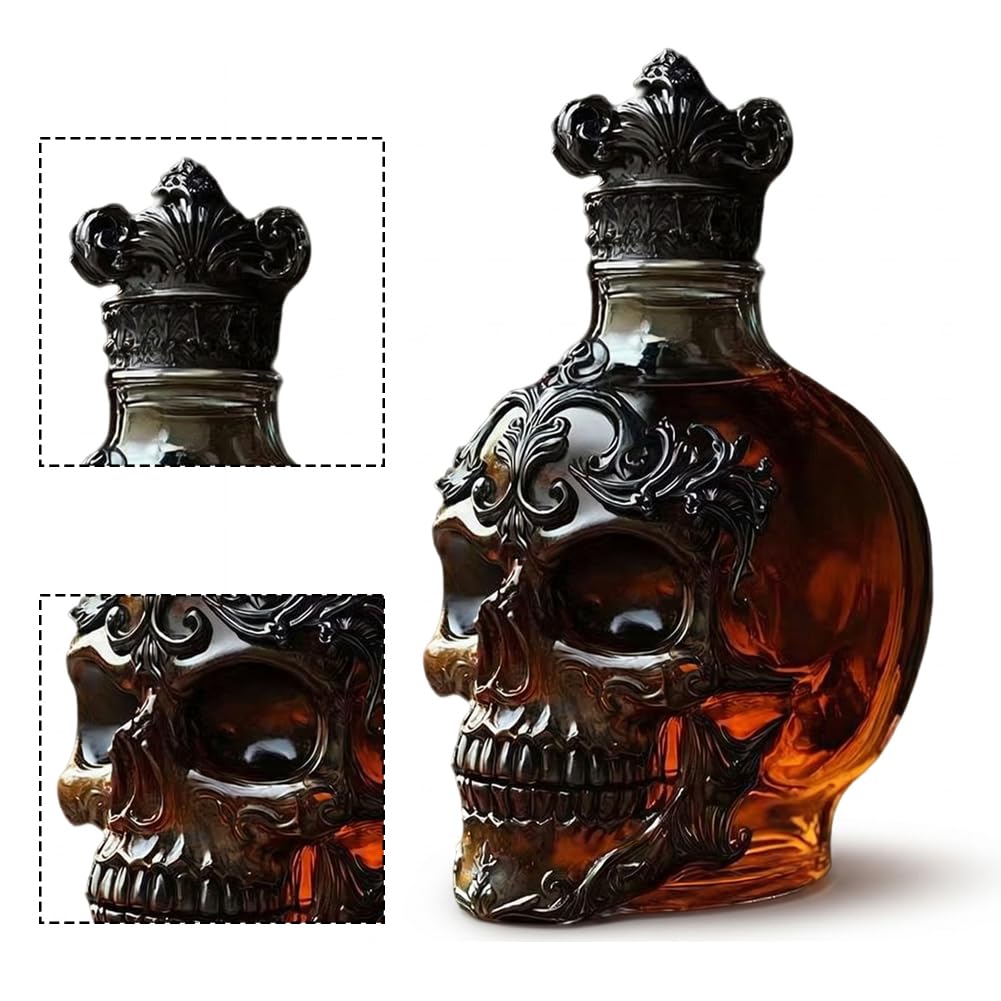 Botella de vino de cristal con cabeza de esqueleto con tapón, regalo para hombres y mujeres, botella de decoración de calavera, regalo para góticos y amantes