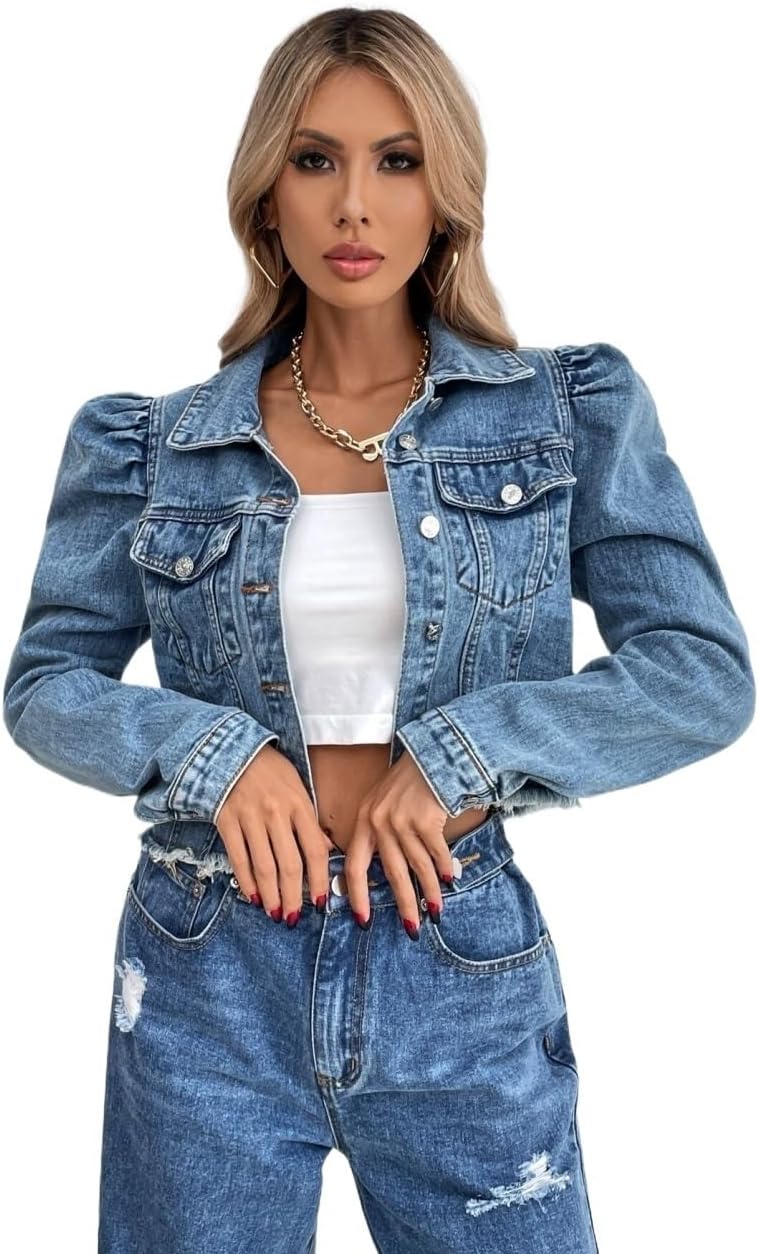 EFJONE Womens Clothes Fall Fashion 2023 Cropped Puff Sleeve Button Front Casual Denim Jacket Long Sleeve casual Jackets