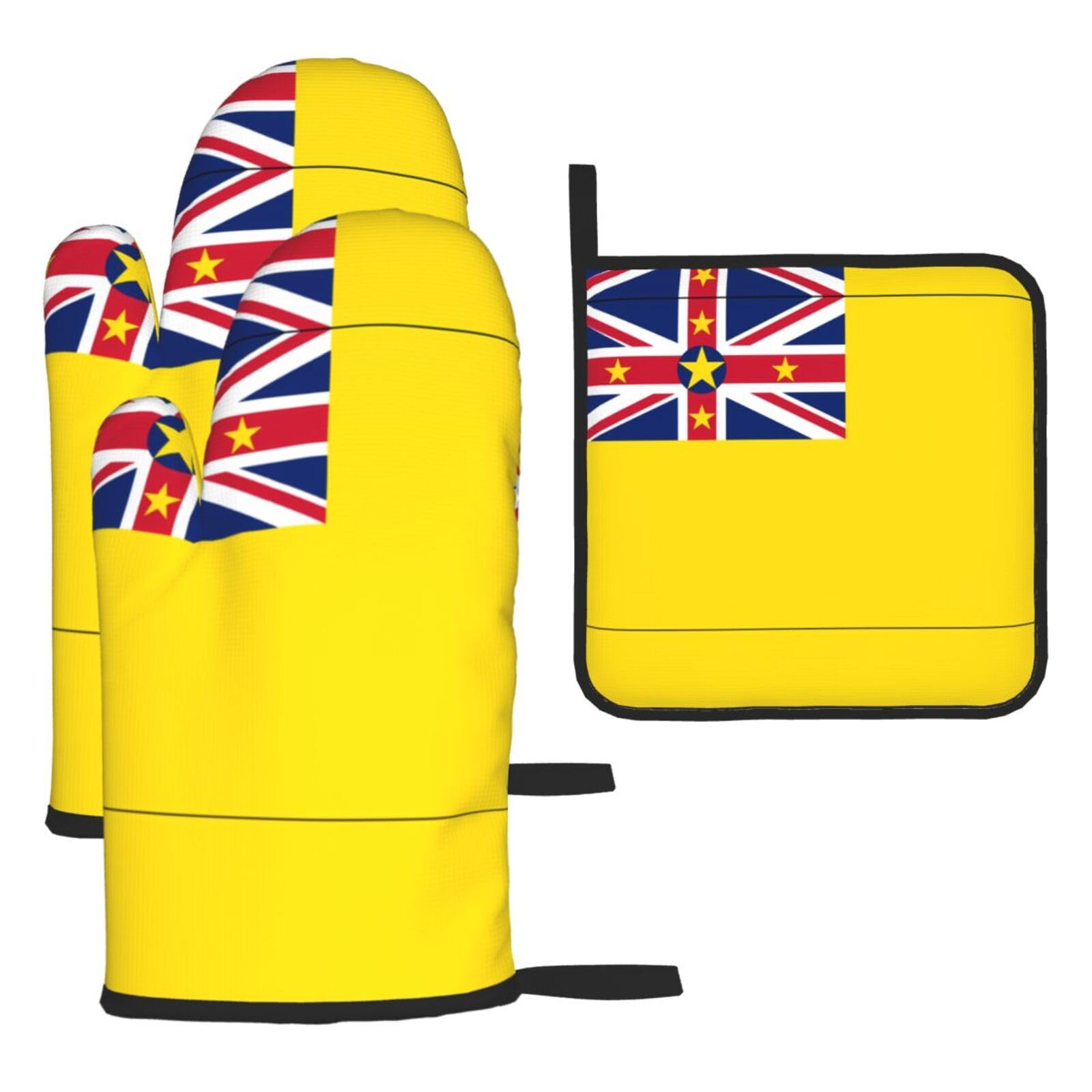 Flag of Niue Oven mittens and oven mitts three-piece set suitable for oven, grilling, baking, microwave and home cooking.