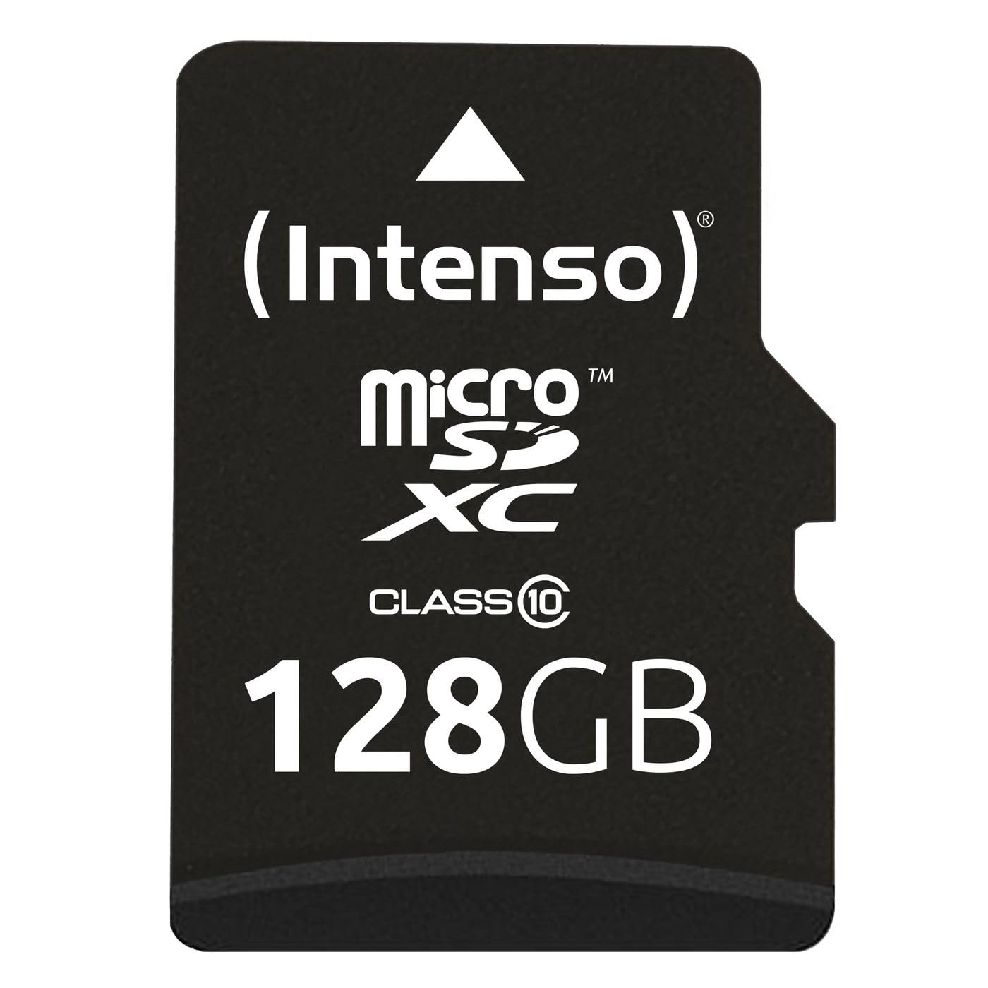 Nahaufnahme der Intenso microSDXC 128GB Speicherkarte mit dem inkludierten SD-Adapter, die ihre schwarze Farbgebung und Beschriftung zeigt.