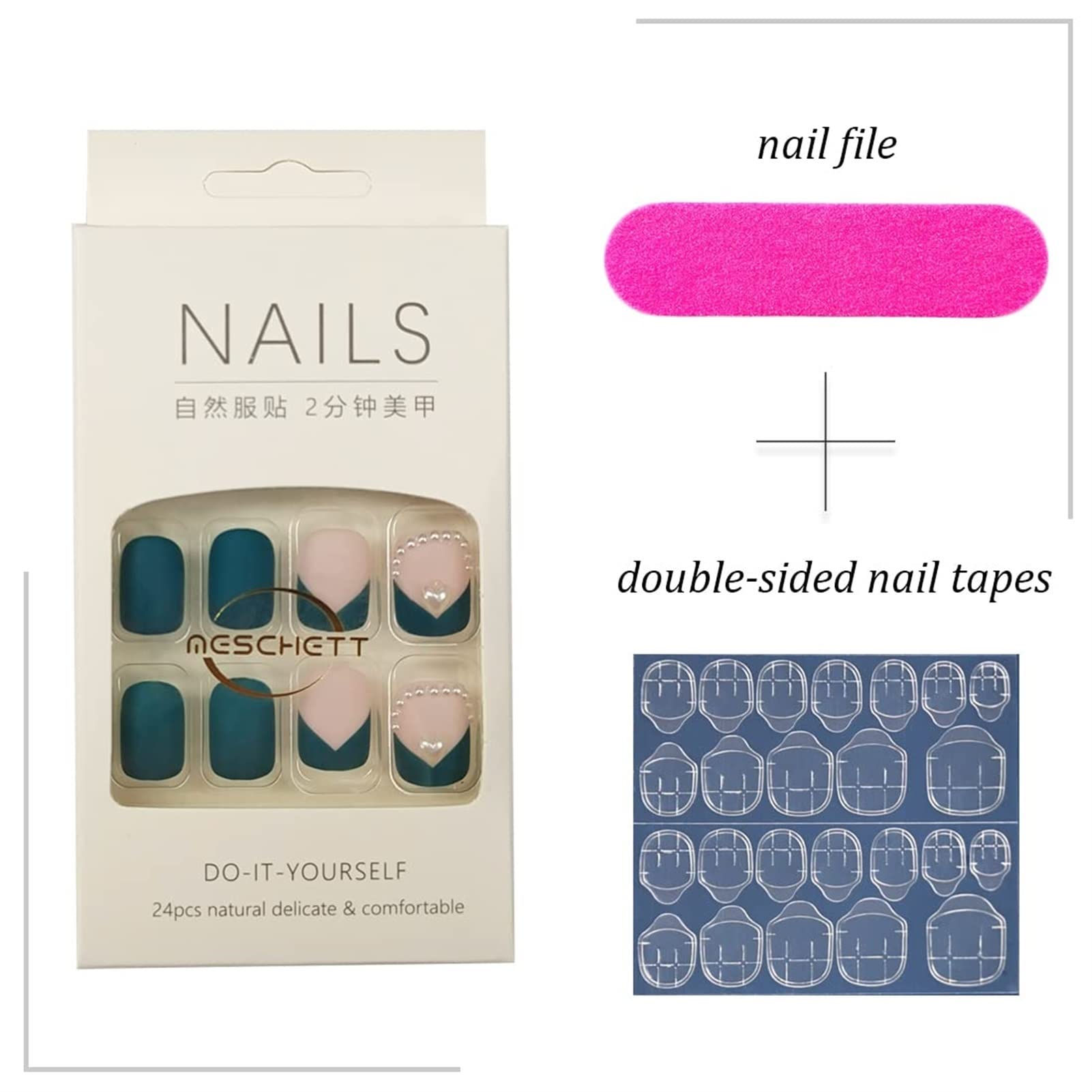 Matte Green Short Press on Nails Square Pearl Unghie finte Full Cover Heart Stick on Nails per appuntamenti o uso quotidiano 24PCS Unghie finte a pressione