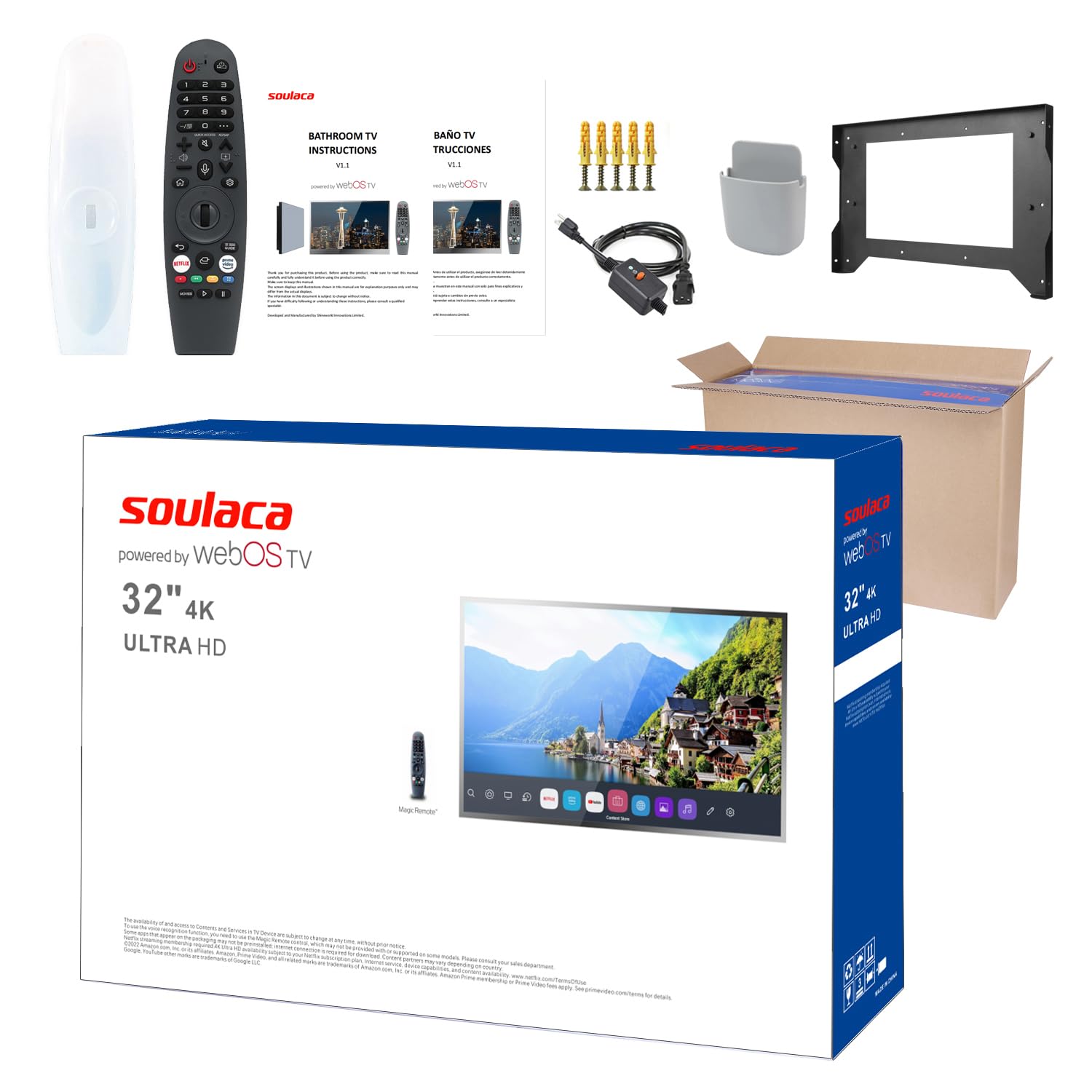 Soulaca 32 Pouces 4K UHD Smart Miroir TV pour Salle de Bain, télécommande Magique, étanche IP65, Regarder Netflix,Alexa intégré, Haut-parleurs intégrés,Modèle 2026