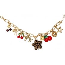 Y2K Cherry Charm Bracelet for Women, Gold Chunky Chain Leopard Print Bracelet with Dice Star Heart Charms Cute Aesthetic Indie Coquette Jewelry Gift