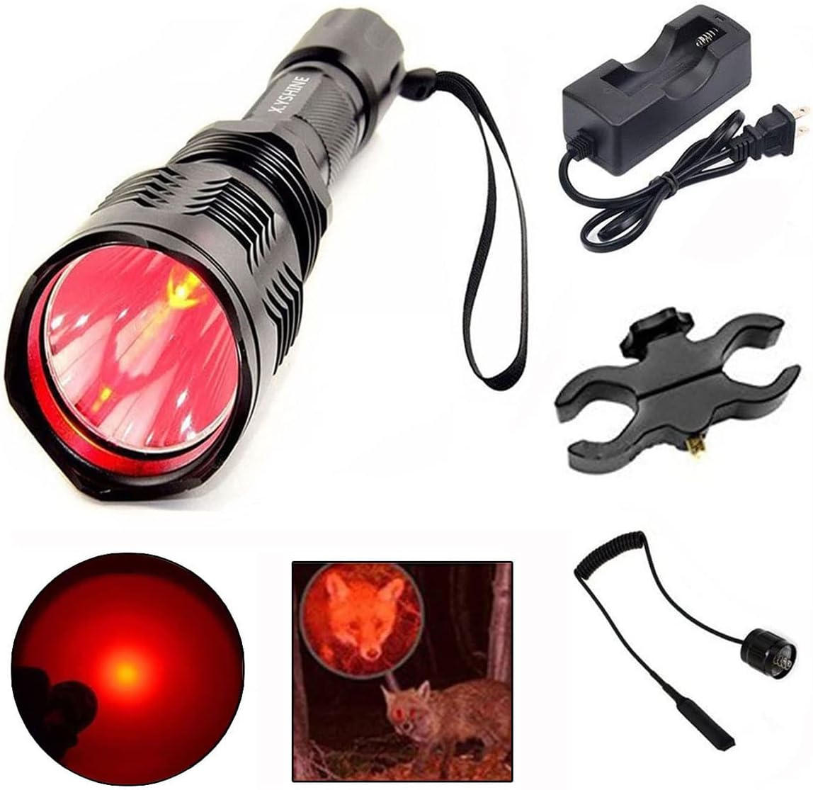 LED Hunting Flashlight, HS-802 250 Yards Cree Coyote Hog Red Light Flashlight with Remote Tactical & Pressure Switch+ Barrel Mount+ Battery(not Sold Individually)+ Charger for Hunting, Fishing