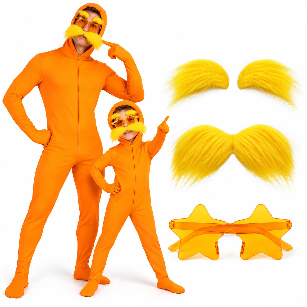 170cm Orange Bodysuit Costume Unisex, Open Face Cosplay Jumpsuit, Open Face Spandex Unitard Mask, Costume Full Bodysuit with Beard and Star-Shaped Glasses for Halloween and Festival Part