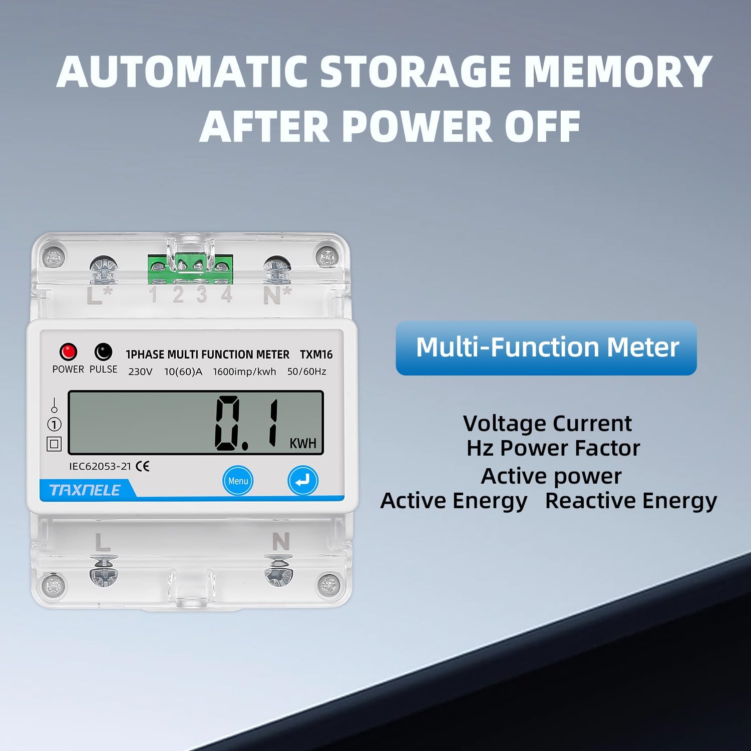 Din Rail Electric Power Energy Meter Tester Electricity Usage Monitor Single Phase 1P 2 Wire Digital Wattmeter kWh AC 230V Voltmeter Ammeter Voltage Current LCD Digital Display (Multifunction Meter)