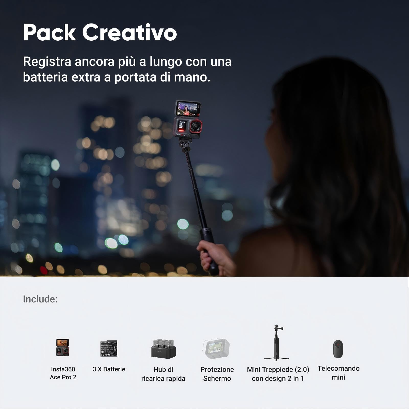 Insta360 Ace Pro 2 Pack Creativo (nuova versione)- Action Cam Impermeabile in 8K co-ingegnerizzata con Leica, sensore 1/1.3", superba in bassa luce,touchscreen direzionale ed Editing IA per Vlog.