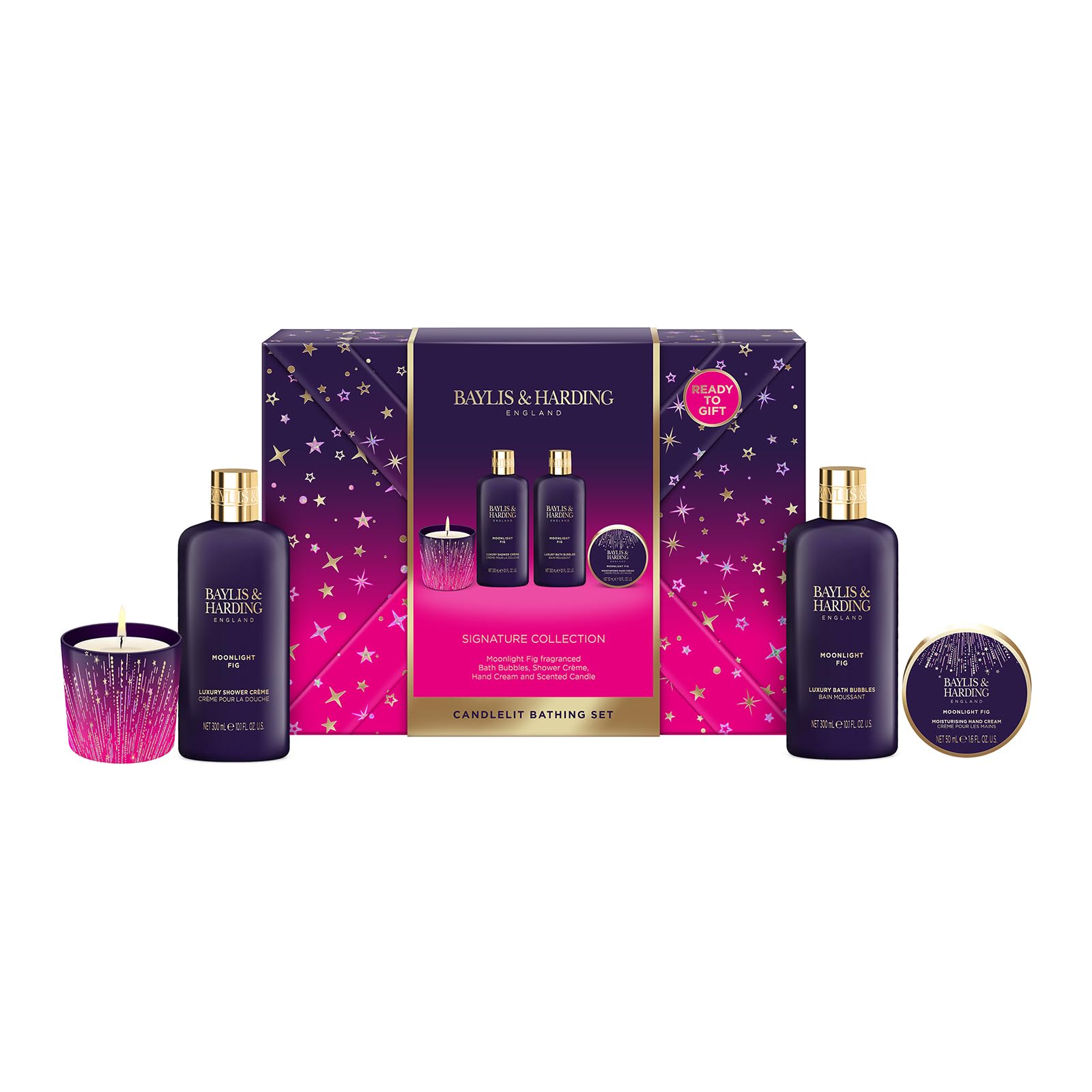 Baylis & Harding Moonlight Fig Gift Wrapped Candlelit Bathing Gift Set - Vegan Friendly (Pack of 1), 940 gramów