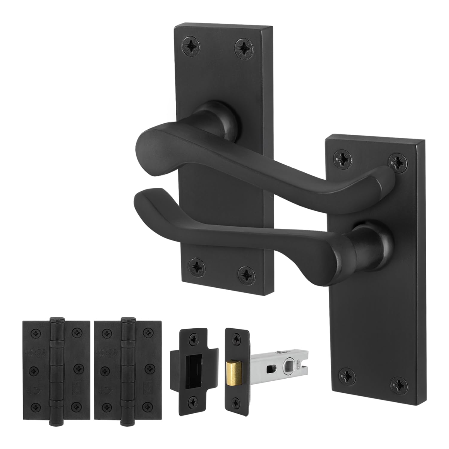 EAI Matt Black Door Handles with Latch 64mm and Hinges - Victorian Scroll