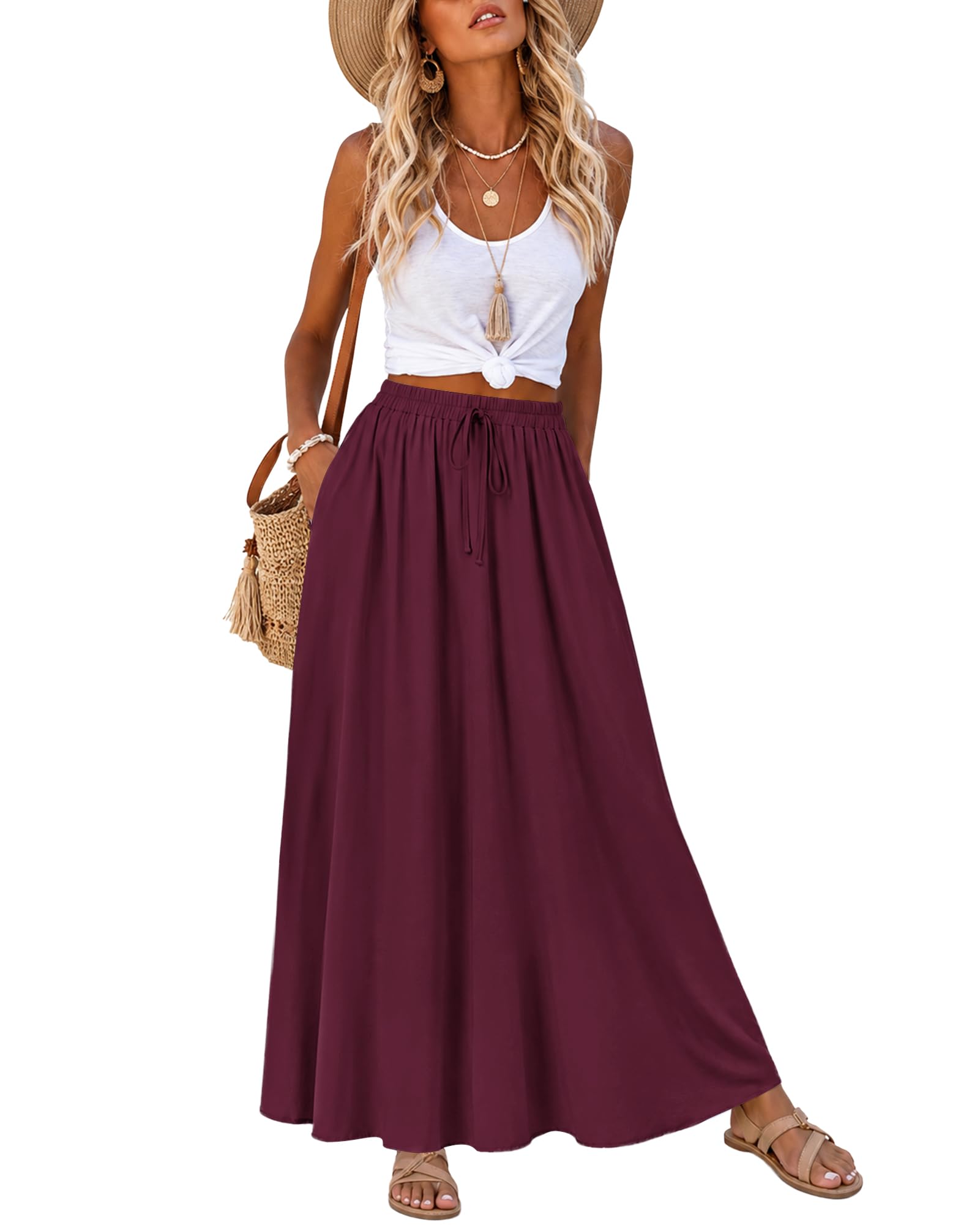 AUSELILY Damen Rock Lang mit Taschen Hohe Taille A-Linie Maxirock Elastisch Kordelzug Sommer Boho Röcke Casual Flowy Strandrock
