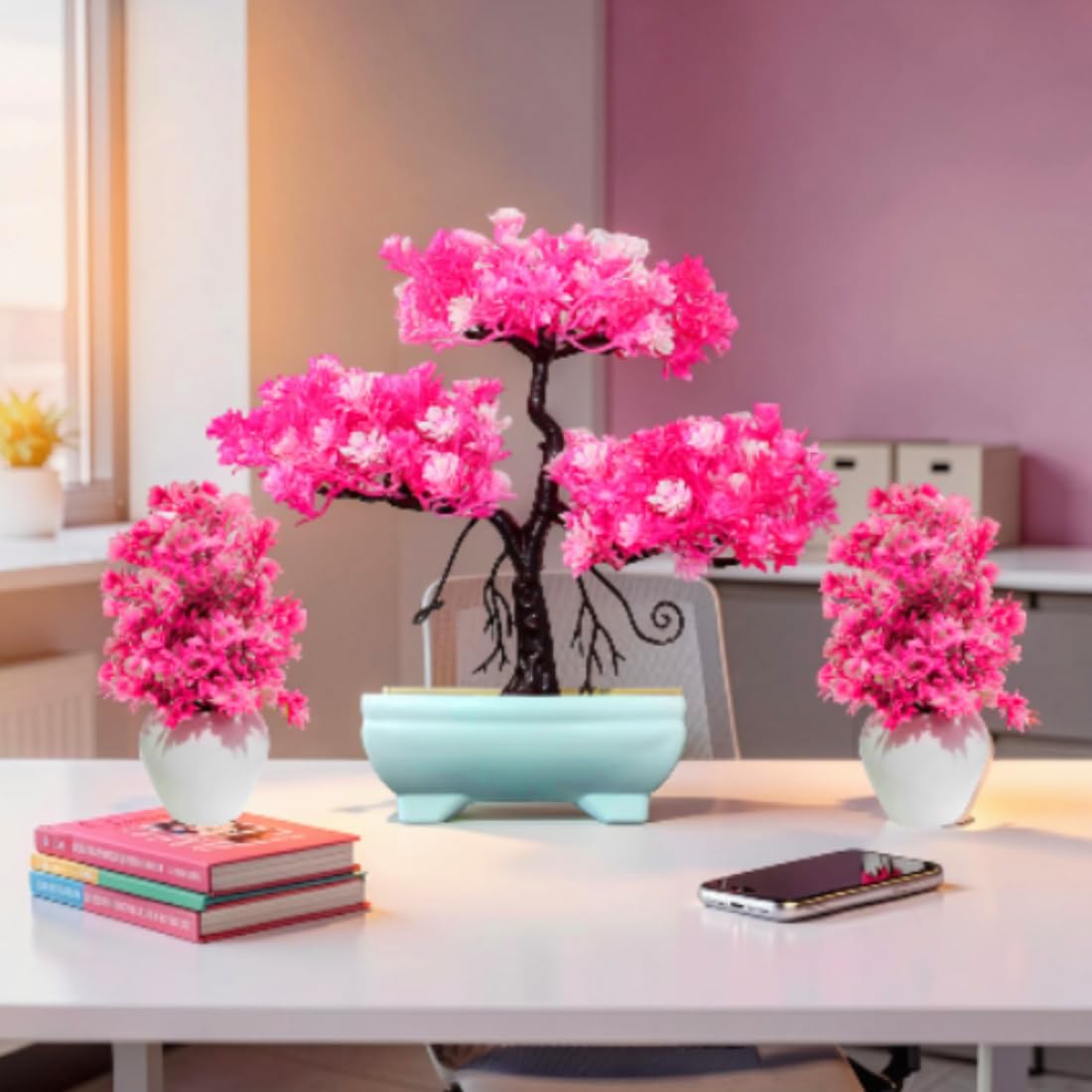 (Set of 3) Artificial Bonsai Tree 28 cm for Home Decoration Realistic Looks with 2 Small Pink Flowers pots 11 cm for Livingroom Bedroom Office Table Kitchen Indoor & Outdoor Balcony 3