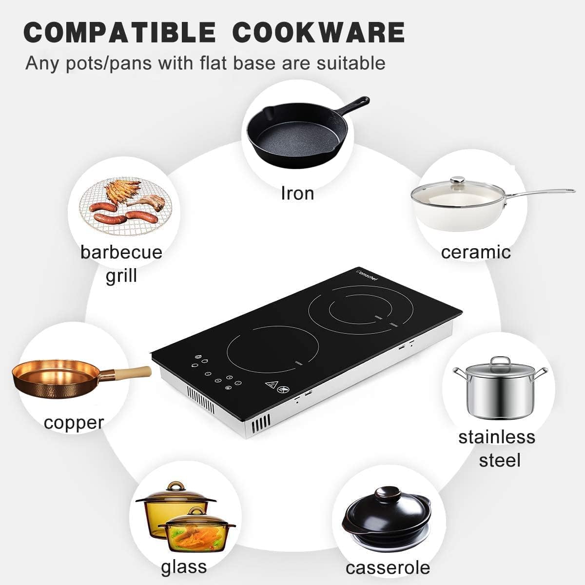 AMZCHEF Piano cottura in vetroceramica, 6600 W elettrico con 4 fuochi, 9 livelli di potenza, doppia zona, zona tostatura, funzione di pausa, controllo touch scorrevole, blocco bambini AMZCHEF Piano cottura in vetroceramica, 6600 W elettrico con 4 fuochi, 9 livelli di potenza, doppia zona, zona tostatura, funzione di pausa, controllo touch scorrevole, blocco bambini