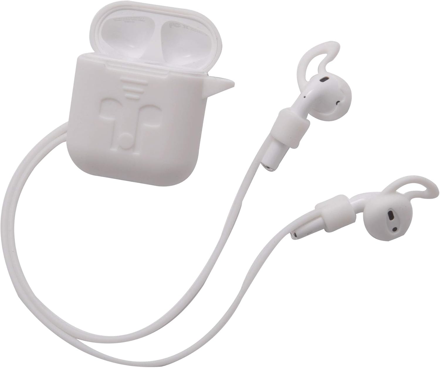 White silicone protective case with wireless earphones attached to an anti-loss strap and ear hooks.