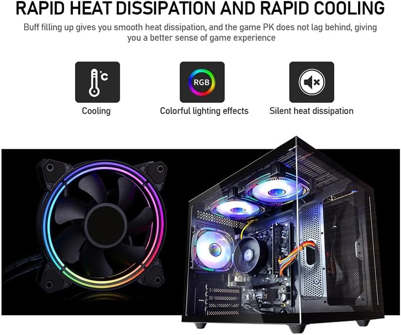 Close-up of an RGB fan and an internal view of the computer case with illuminated RGB fans, highlighting cooling and colorful lighting effects.