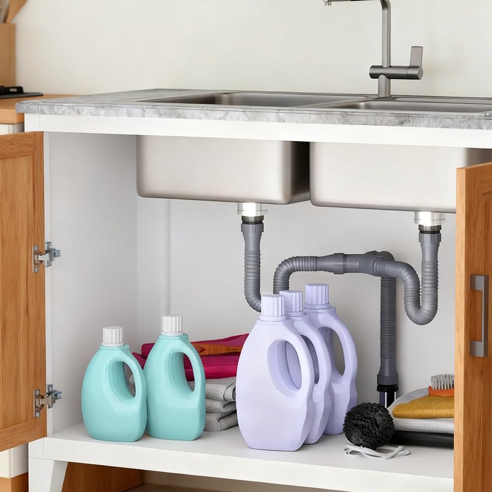 NBEADS Kit de drenaje de doble fregadero, trampa P flexible, juego de fontanería con 2 rollos de cinta de sellado PTFE, kit de tubos para cocina y baño con anillo de sellado, gris