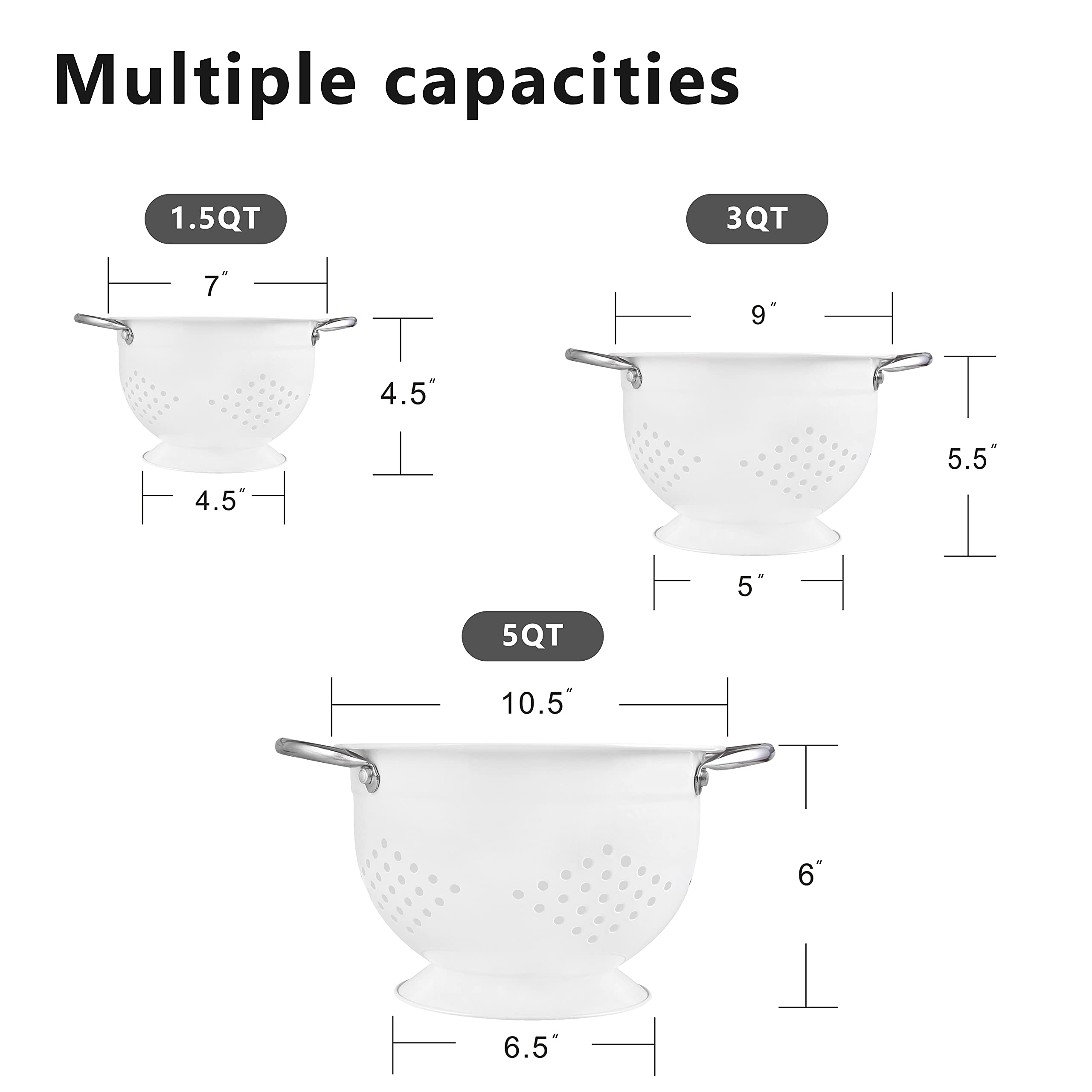 Juego de coladores para cocina, 1.5, 3, 5 cuartos de galón de acero inoxidable, coladores y coladores para pasta, verduras y frutas, coladores esenciales de cocina de metal recubierto 6