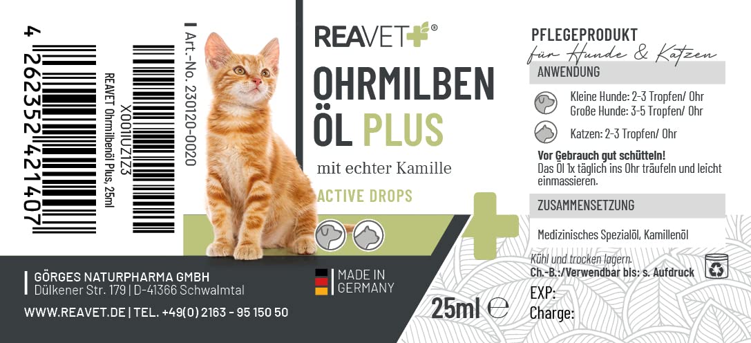 ReaVET Aceite de ácaros del oído Plus 25 ml para gatos de inmediato – contra los ácaros del oído con manzanilla para gatos, cuidado suave en caso de picazón en el oído, gotas para los oídos, ácaros,