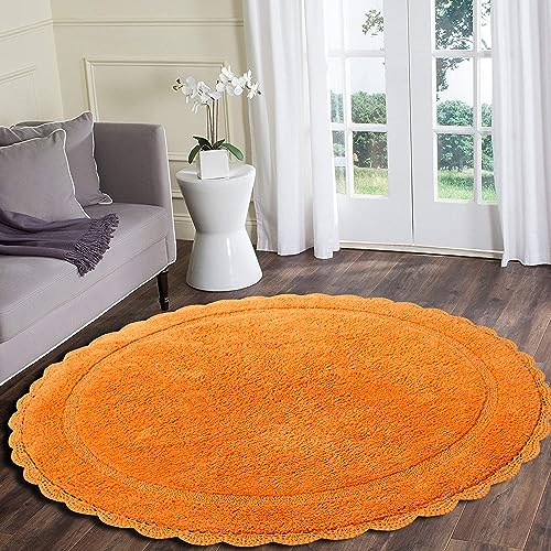 WARISI - Crochet Collection - Designer, Plush 100% Cotton Round, Oval Bath Area Rug (60 inches, Orange Pepper)