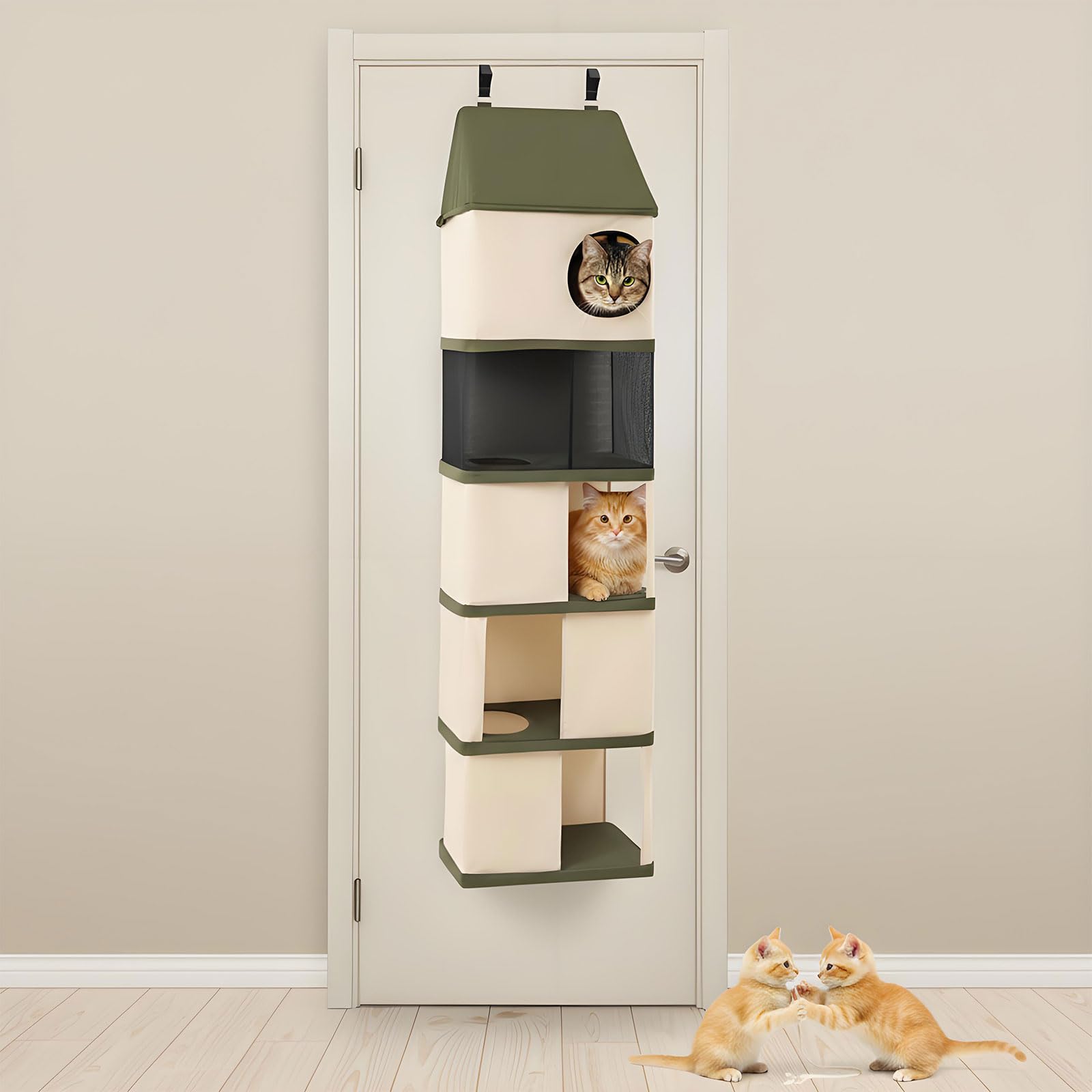 5 Level Door Hanging Cat Tree Tower for Indoor Cats Under 40 Lbs, Door Mounted Pet Furniture Space Saving, Interconnecting Levels, Mesh Levels, Collapsible and Tool-free Assembly, Fits Doors 85 Inch H