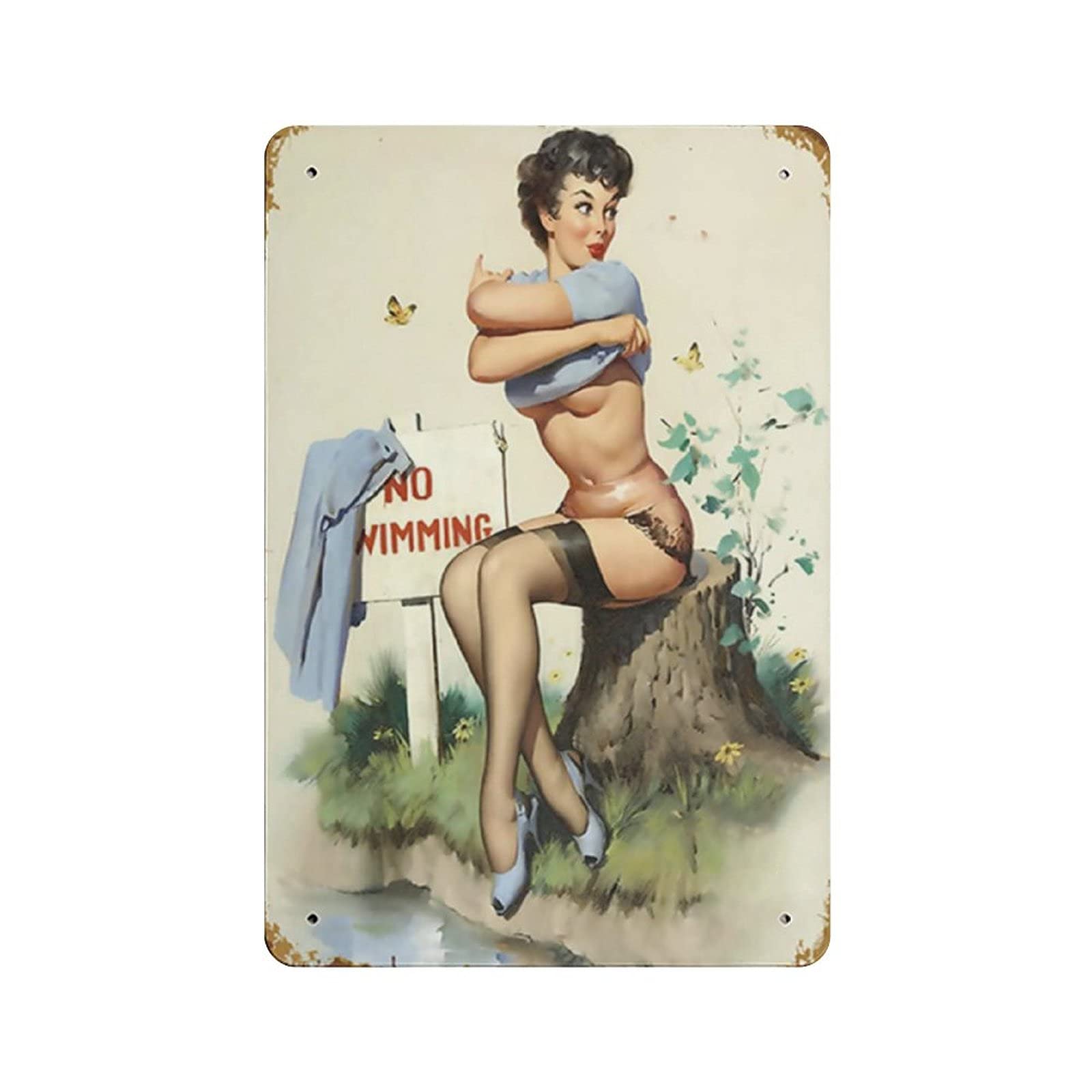 Metal Tin Sign No Swimming Pin Up Girl Vintage Tin Poster Metal Sign Wall Decoration Country Kitchen Home Garage Decor 12"x8"