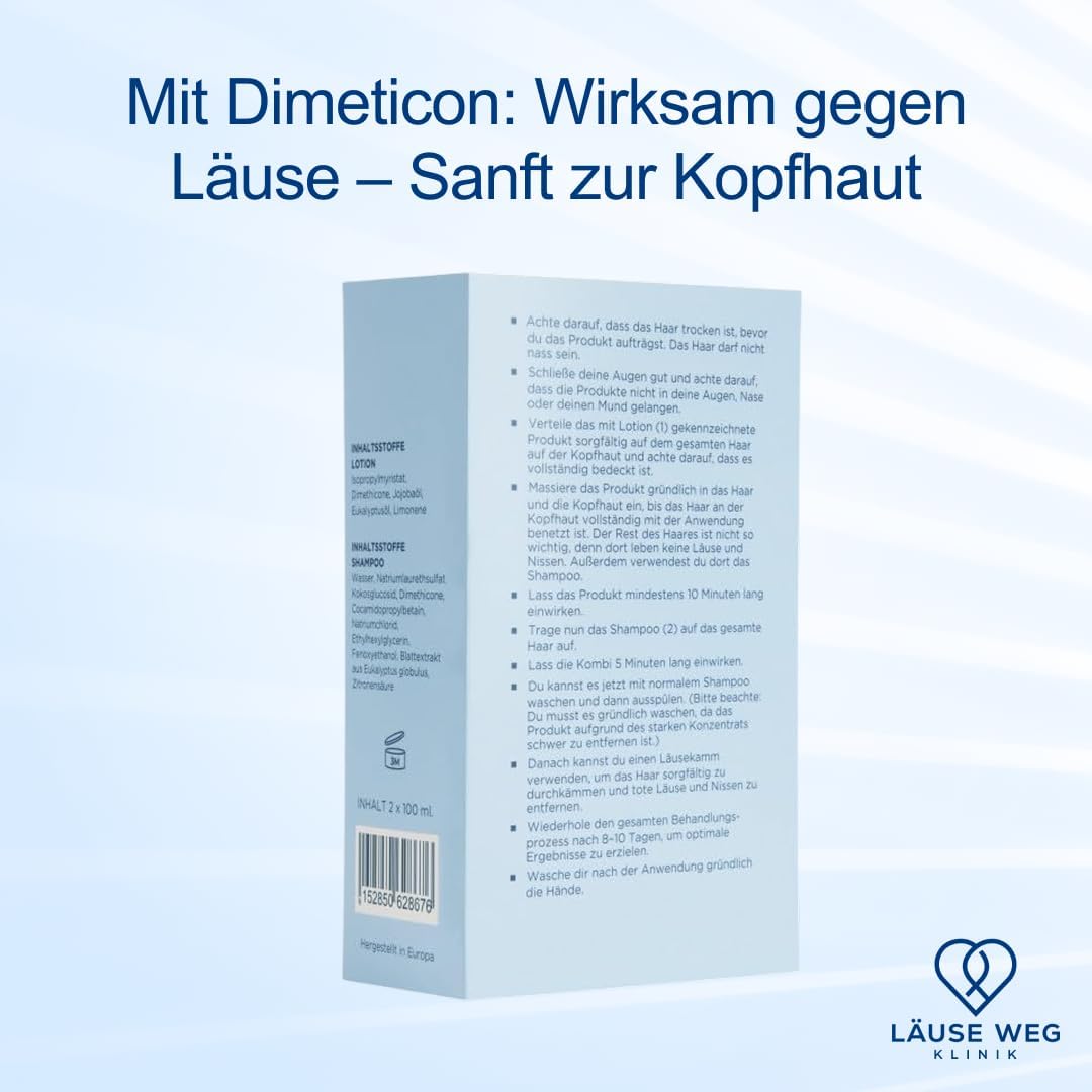 Läuse Weg Klinik – Premium Läuseshampoo in Kombination mit hochdosierter Lotion für Erwachsene und Kinder – Effektives Läusemittel auf Basis von Dimeticon mit Eukalyptus und Limonen Duft – 2 x 100 ml | Gegen Läuse und Nissen