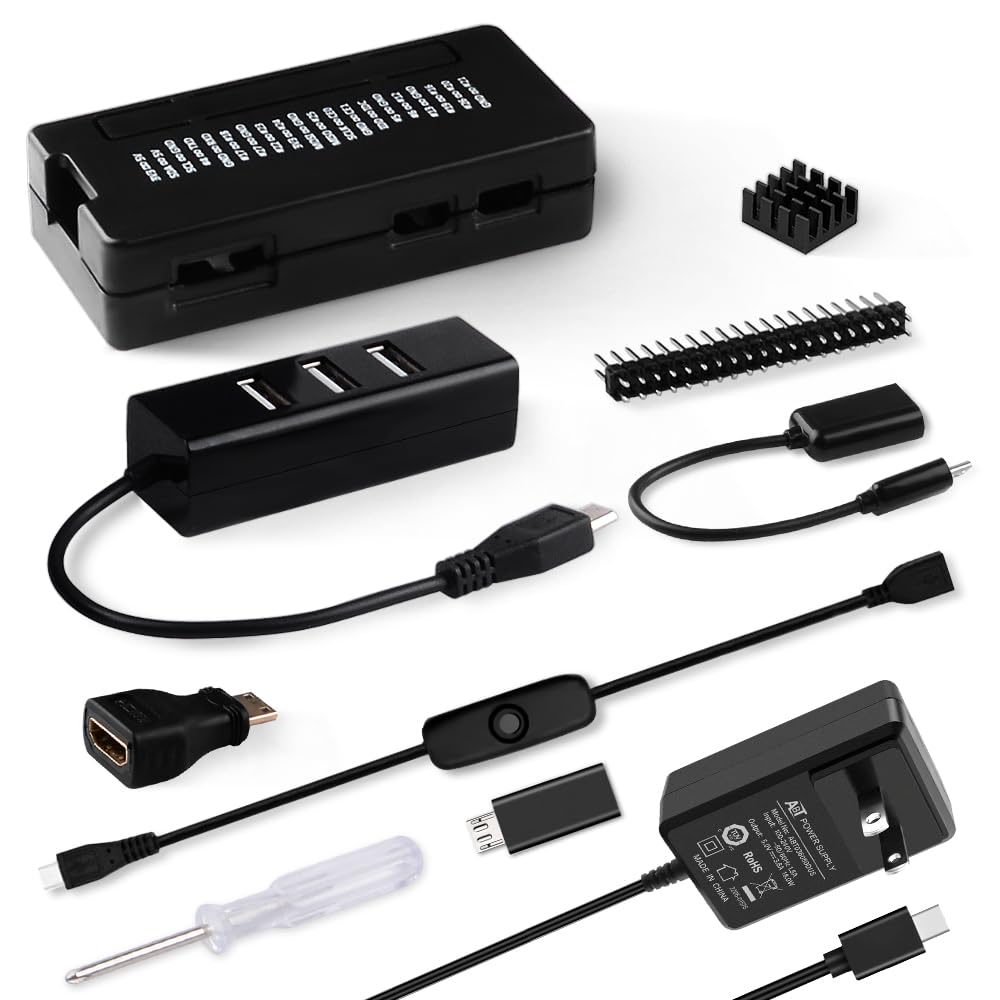 GeeekPi Raspberry Pi Zero 2 W Case Kit with Raspberry Pi Zero 2 W Case, Power Supply, Heatsink, 20Pin GPIO Header, OTG Hub, ON/Off Switch Cable for Pi Zero 2 W/Pi Zero W/Pi Zero