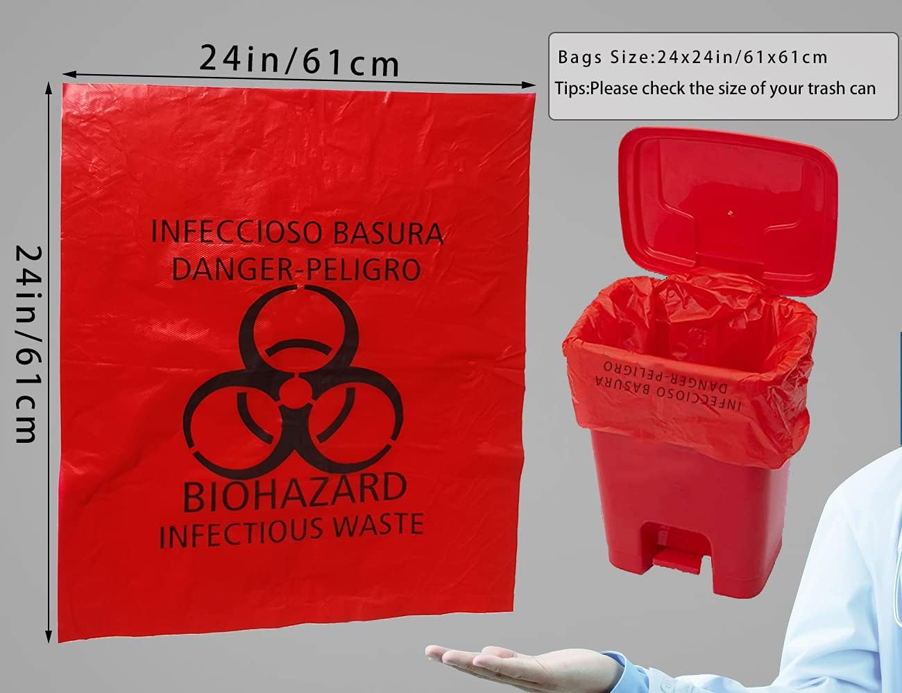 Daarcin 24x24in/61x61cm Red Biohazard Waste Bags With Hazard Symbol Disposable Hazardous, Trash Liners for Infectious Waste Disposal (100) : Industrial & Scientific