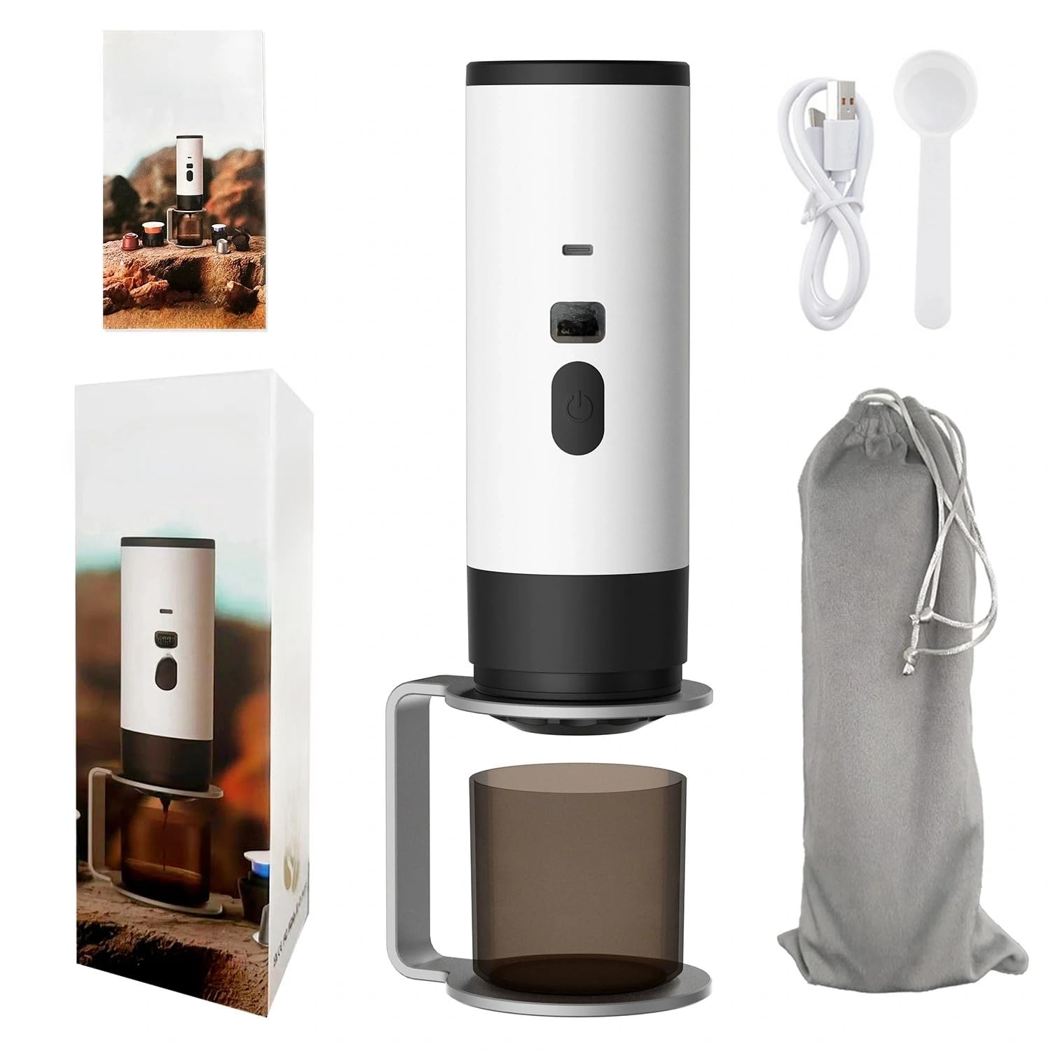 Portable Electric Espresso Coffee Maker, Rechargeable Capsule Machine, 90ML Tank, 120ML Cup, 5 Colors (Pearl White high-end Version, including stand + Velvet Bag)