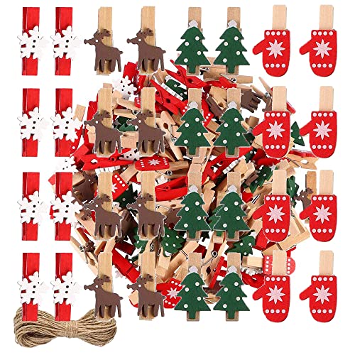 120 Stück Mini Dekoklammern Weihnachten Wäscheklammern Holzklammern klammern Klein Weihnachten Adventskalender Weihnachtsclipdekoration Klammern Weihnachtsdeko Holzklammern+12m Naturhanfseil Cover