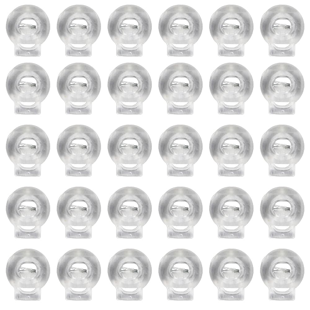 YFTRFR 30 Pcs Cord Locks, Plastic Stopper Fastener Round Set Small Single Hole Spring for Shoe Clips, Toggles Rope end for Drawstring Clothing, Shoelace, Bag, Camping, Backpack(Clear)