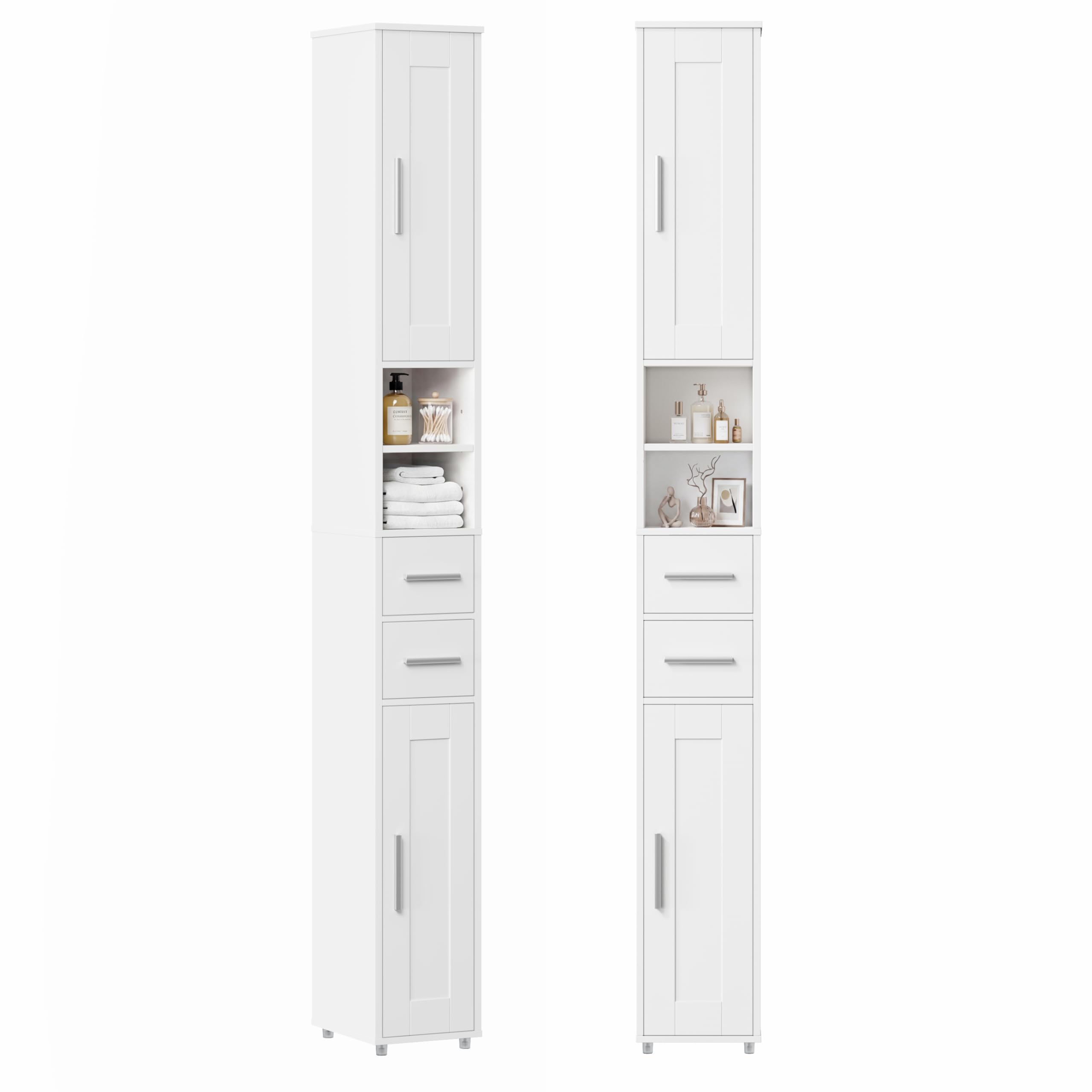 APICIZON Badezimmerschrank, Badschrank Hochschrank, Badezimmerschrank schmal, Badschrank mit verstellbaren Einlegeböden und Schublade, Nischenschrank für Waschbecken, WC, Waschmaschine, Weiss