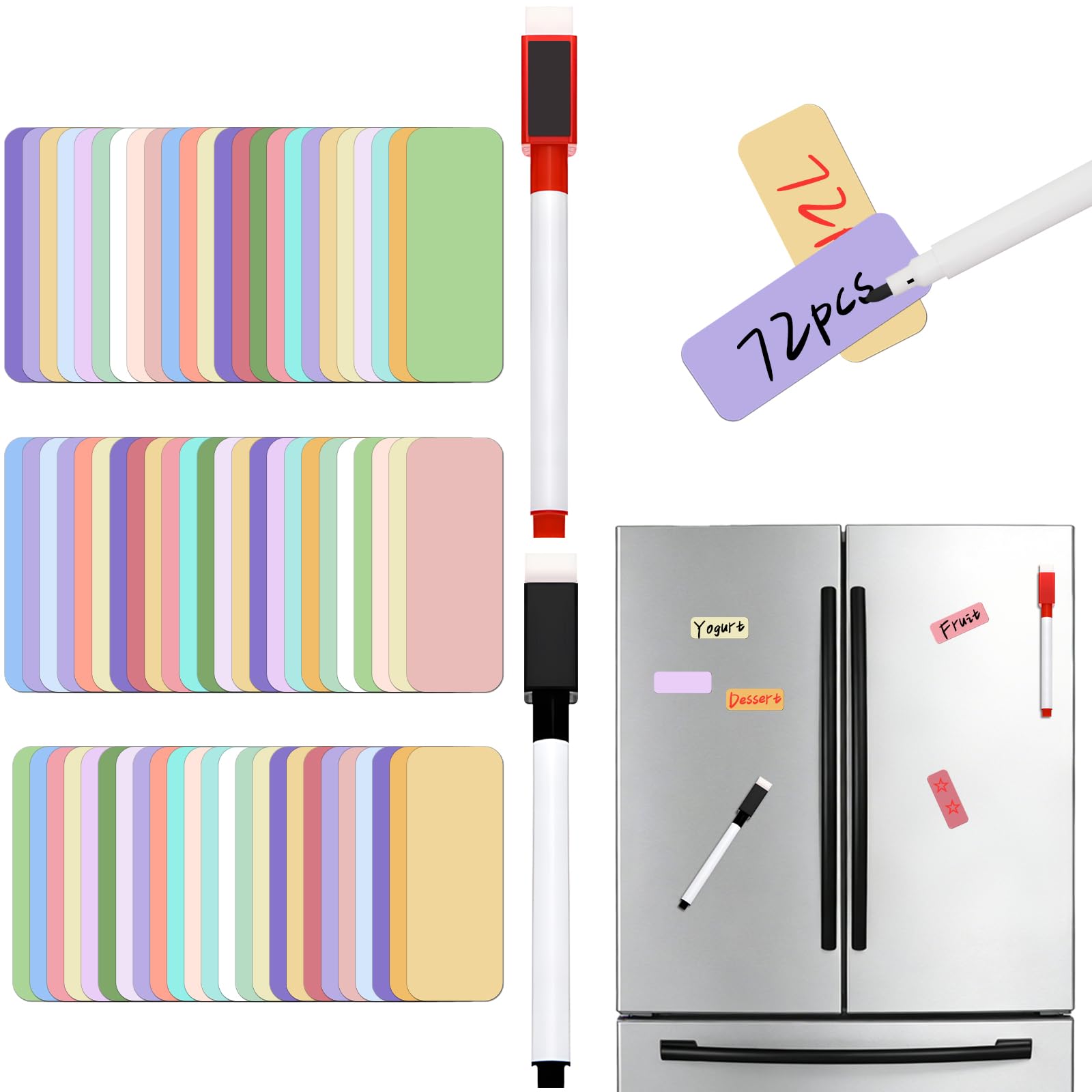 24 pcs Dry Erase Magnetic Labels, VEINARDYL 2×6 cm Reusable Magnetic Name Tag Labels with 2 Pens, Colored Magnetic Sticky Notes for Whiteboard Fridge Students Locker Office Home