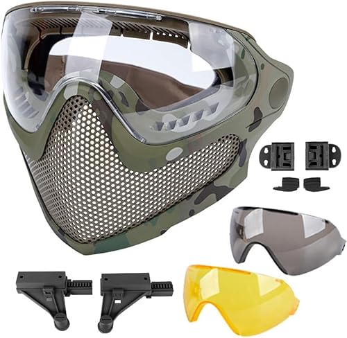 ATAIRSOFT Airsoft 2 Modes Tactical Safety Protective Full Face Mask Anti-Fog Goggles Set with 3 Interchangable Lens MC