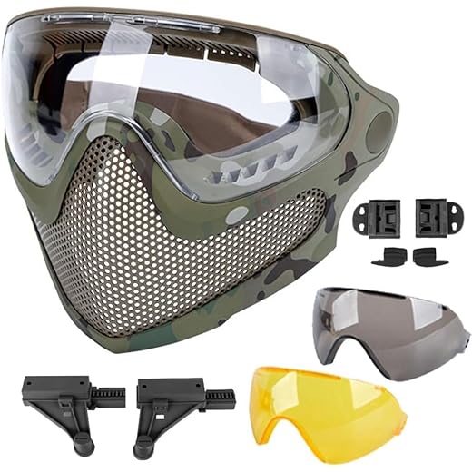 ATAIRSOFT Airsoft 2 Modes Tactical Safety Protective Full Face Mask Anti-Fog Goggles Set with 3 Interchangable Lens MC
