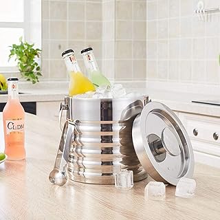 Wiadro na lód z pokrywką, podwójne ścianki ze stali nierdzewnej napój szampan wiadro pojemnik na lód wino chłodziarka szczypce - 3 l 18 x 18 cm (7 x 7 cali)