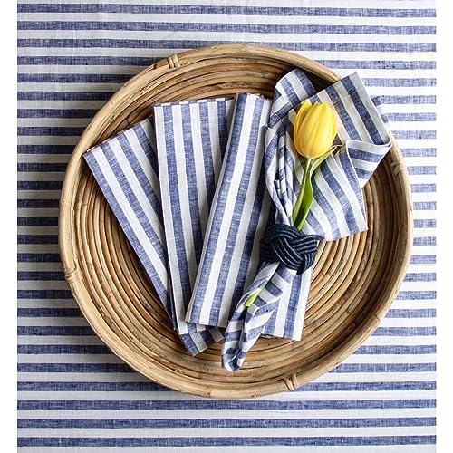 Image of Solino Home 100% Linen Napkins, 20 x 20 in, Navy and White Stripe, Set of 4