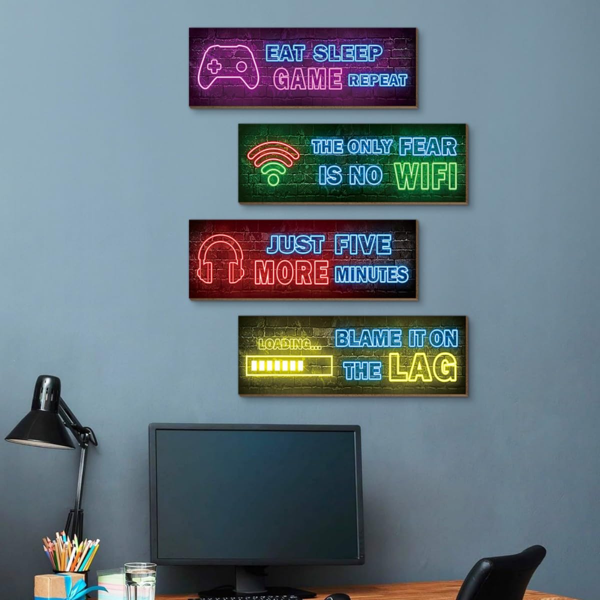 4Pcs Pósteres De Madera Para Juegos, Cuadros De Pared, Juego De Cuadros De Pared Para Sala De Estar, DecoracióN De Pared Para Habitaciones De (Neón B)