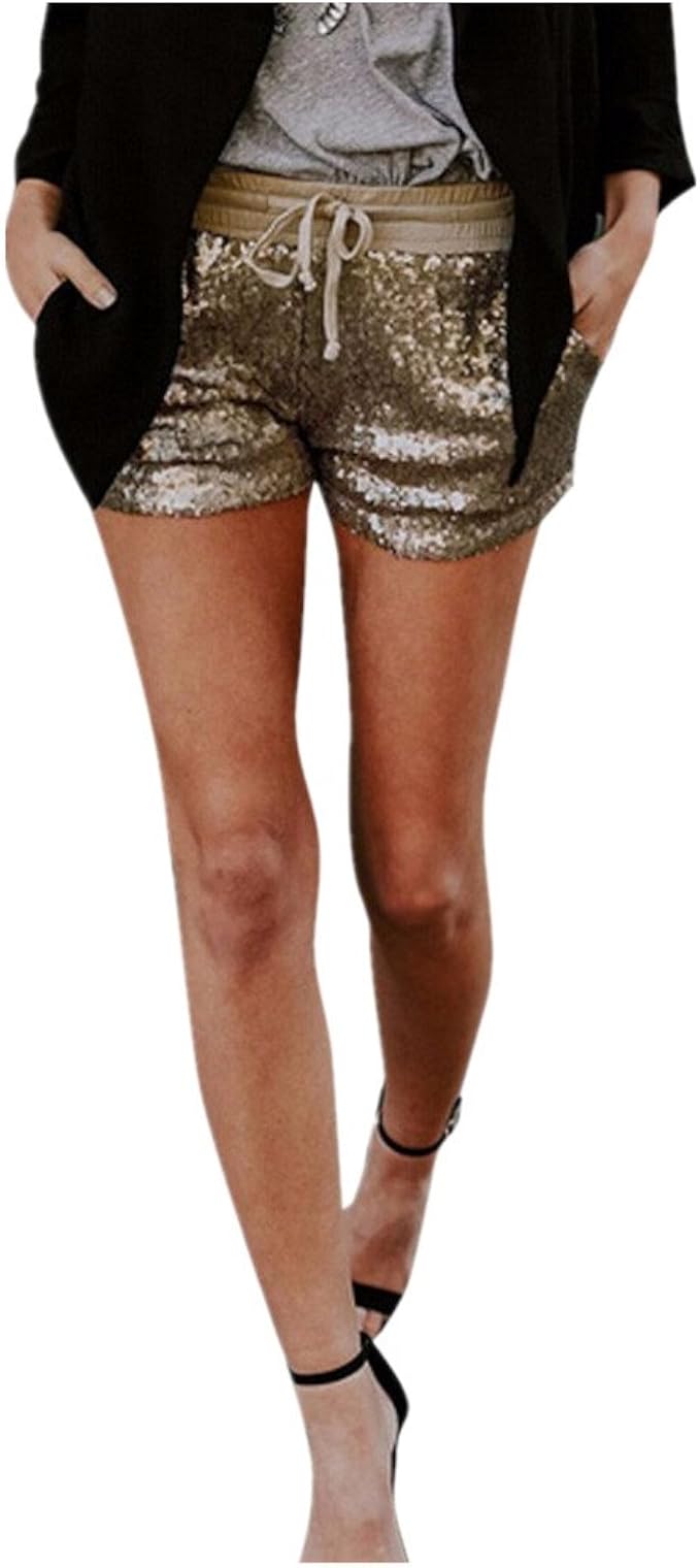 Pantaloncini,Kword Pantaloni Corta Elastici A Vita Alta da Donna,  Pantaloncini da Notte con Paillettes, Pantaloncini da Tasca Sexy :  Amazon.it: Abbigliamento