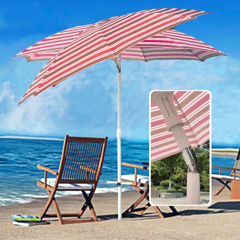 200 cm Parasol Plażowy z Pochylanym, Czerwony Paskowany Parasol Ogrodowy, Przenośny Składany Parasol Tarasowy, Regulowana Wysokość, Aluminiowy Drążek