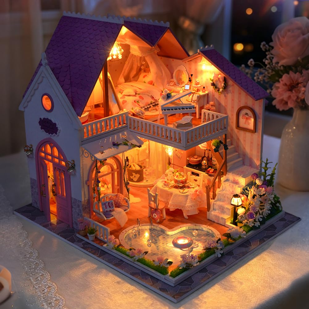 Topbsbfar, kit fai da te per casa delle bambole in miniatura, modello di villa europea con luce a LED, idea regalo per casa artigianale in legno