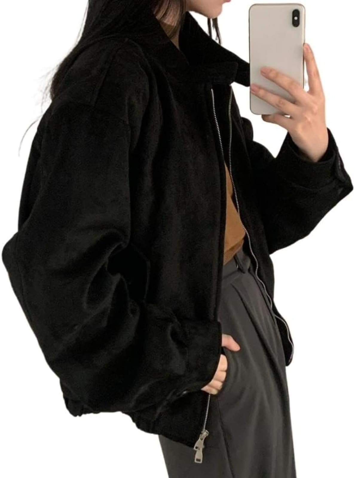 LLECDASEUI Suede Jacket Y2k Outerwear Brown Faux Leather Cropped Jacket Women Fall Fashion 2025 Trendy Crop Blazers (XXL,Black)