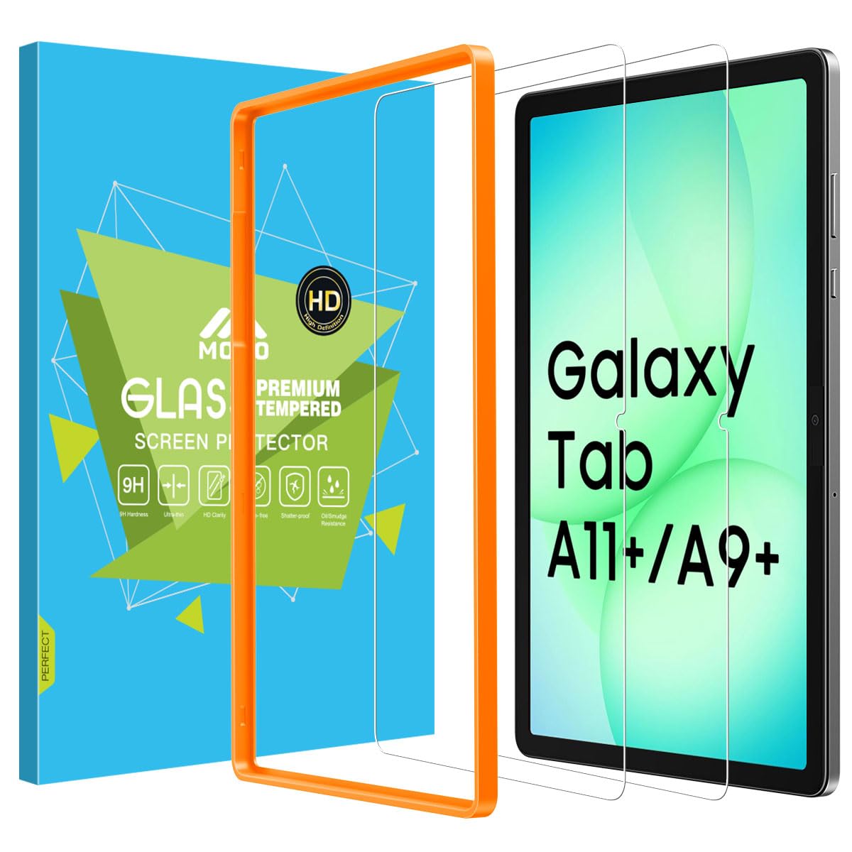 MoKo 2 Pezzi Pellicola Protettiva per Samsung Galaxy Tab A11+ 2025/A9+ 2023 | Vetro temperato con Cornice di Montaggio, Ultra Trasparente, Anti-graffio, Durezza 9H, Tab A11 Plus /A9 Plus 11'' 2025/2023