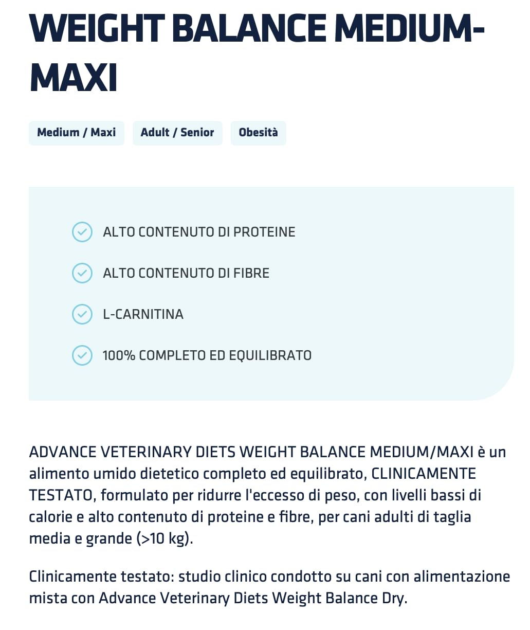 ADVANCE Cane WEIGHT BALANCE MEDIUM-MAXI | alimento umido completo dietetico per cani, per ridurre l'eccesso di peso, 6 lattine da 400 grammi l'una.