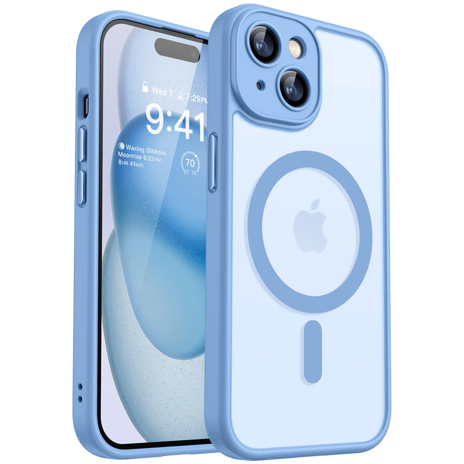 CANSHN Cover Magnetica per iPhone 15 Plus, Compatibile con MagSafe, [Protezione Completa Della Fotocamera], Custodia Traslucida Opaca Protettiva Sottile Antiurto 6,7 Pollici - Azzurro