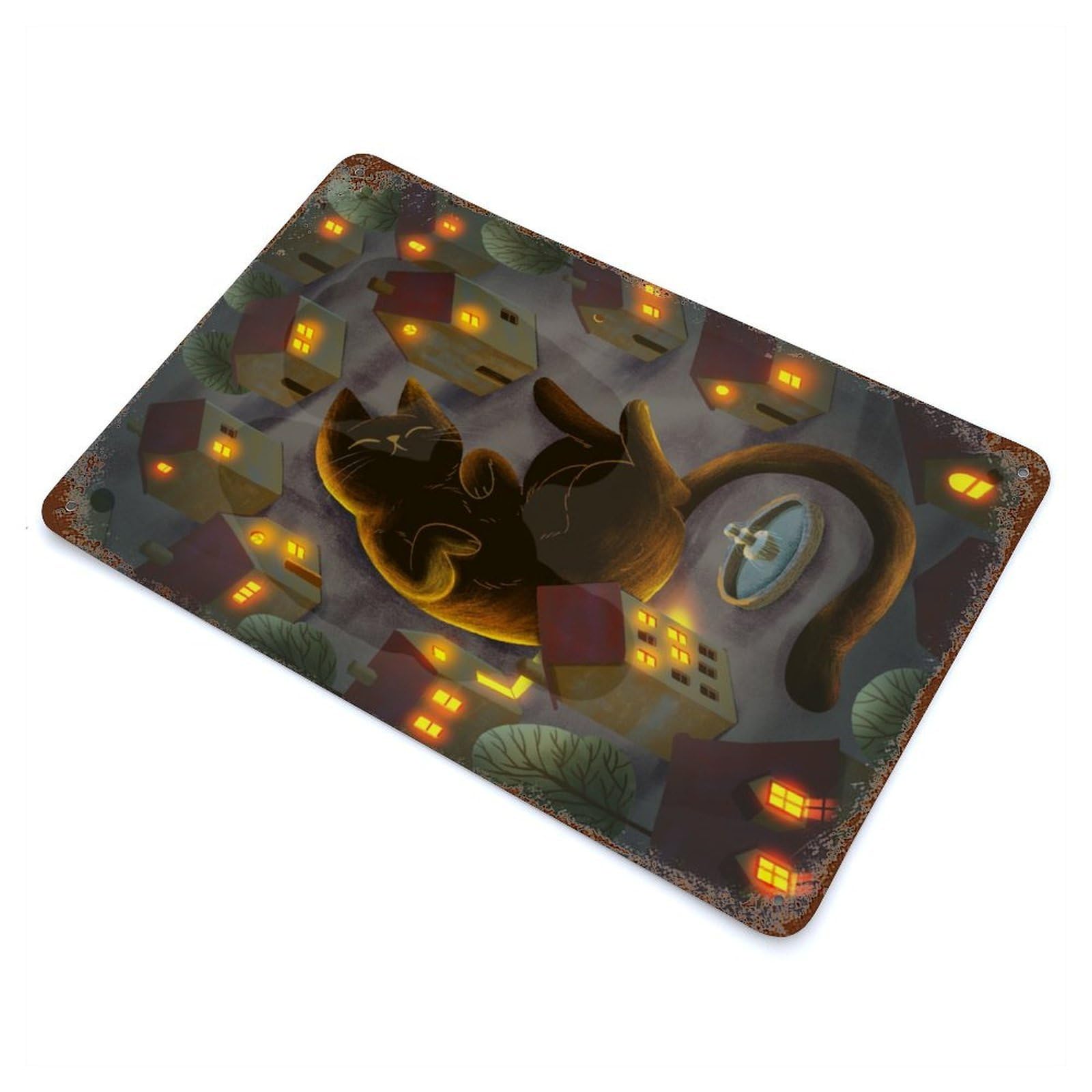 Giant Cat in The Village Aged Metal Wall Plaque 11.8"x7.9", Industrial Home Decor for Pub, Kitchen And Man Cave Decor