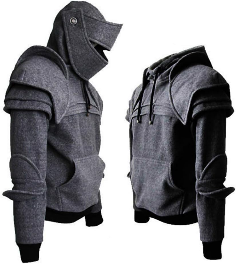 Men Arthur Medieval Knight Armor Hoodie Sweatshirt Pullover (L, Grey)
