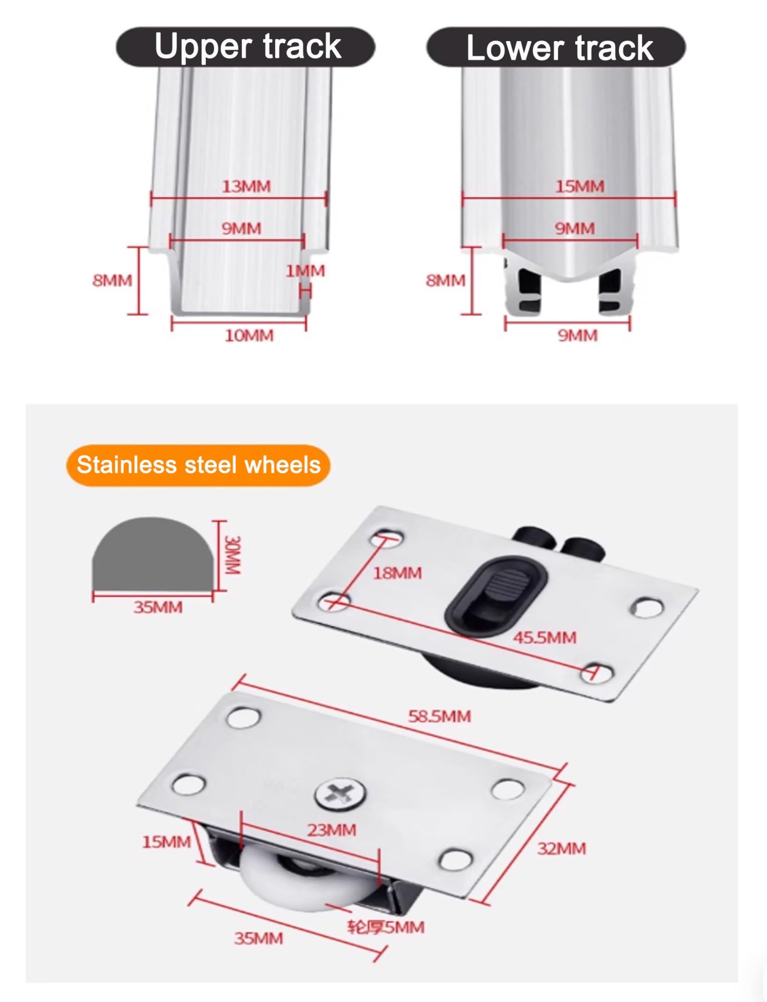 Aluminiowy zestaw prowadnic do drzwi przesuwnych z cichymi kółkami do szafki, spiżarni, 1 zestaw(1100mm)