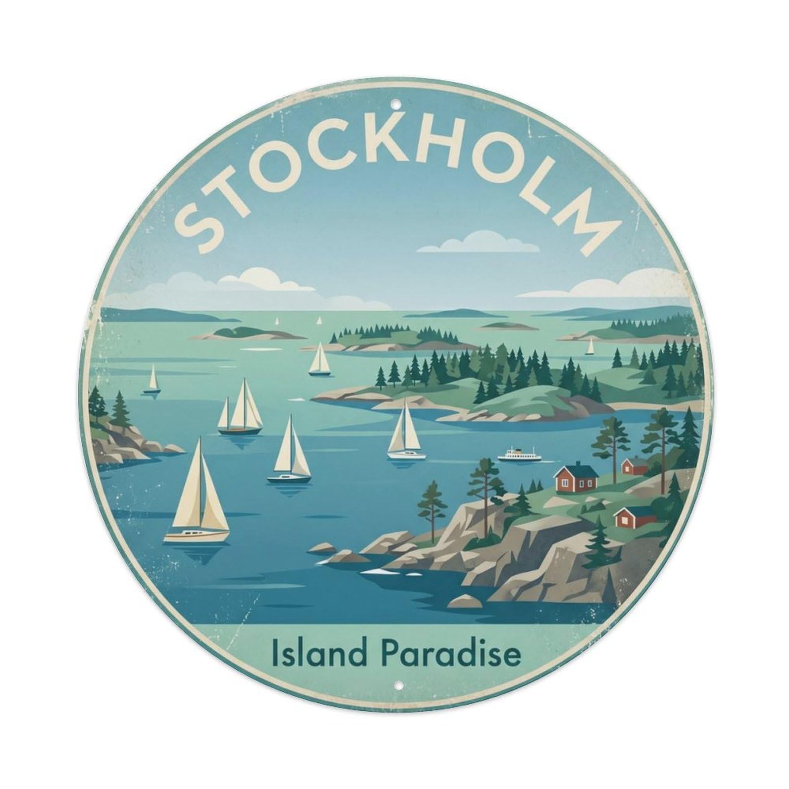 Vintage Travel Stockholm Sweden Archipelago Metal Tin Sign Plaque Wall Decor for Cafe, Club Bar, Office, Home Garden Round Metal Poster 8x8Inch